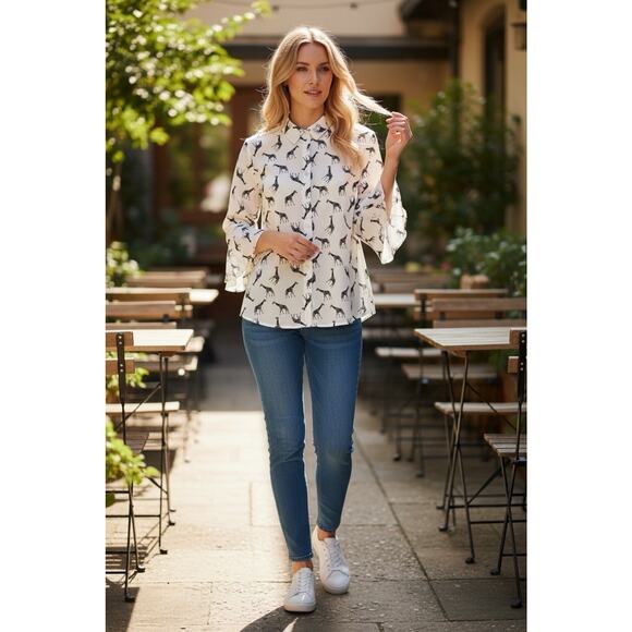 Chico's Whimsical Giraffe Blouse with bell sleeves. Size 1 - Picture 2 of 8